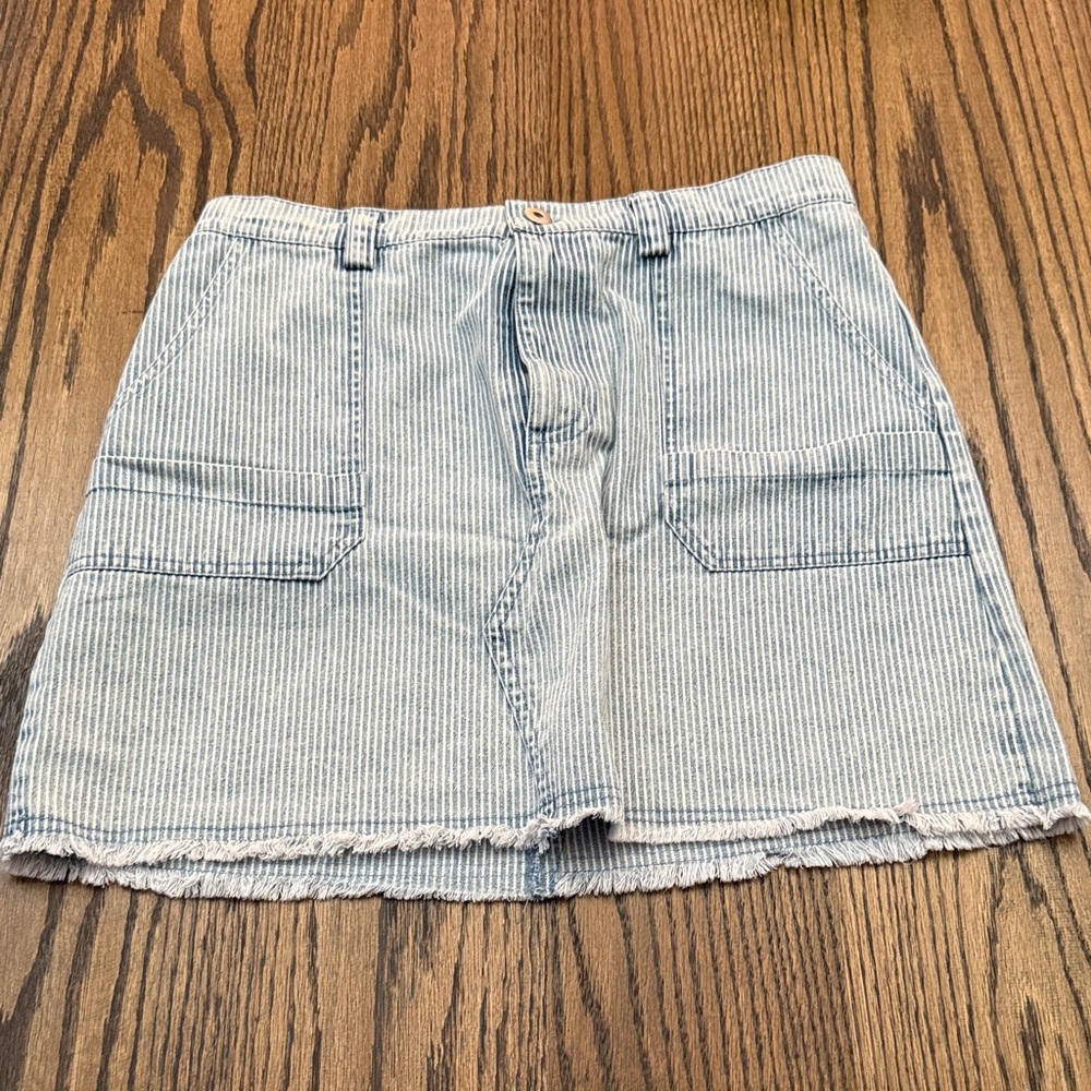 Pin Striped Light Blue Denim Mini Skirt